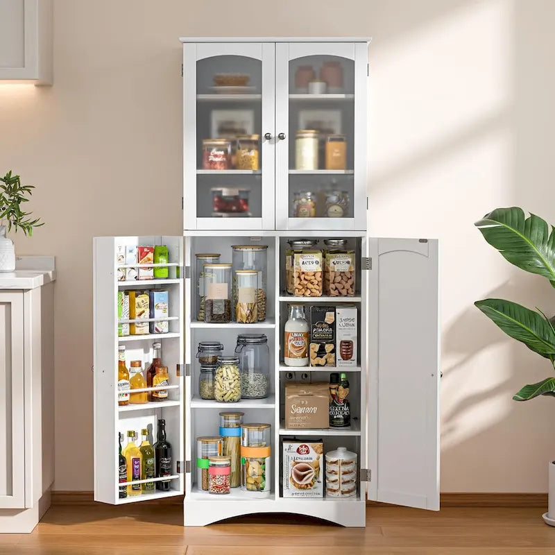 64 Mobile Dispensa da Cucina, Armadietto Alto con Ante in Vetro e Ripiani Regolabili