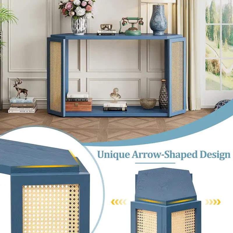 Arrow-Shaped Design Console Table Entryway Table with Open Shelf, Rattan Sofa Table Accent Table for Living Room Hallway