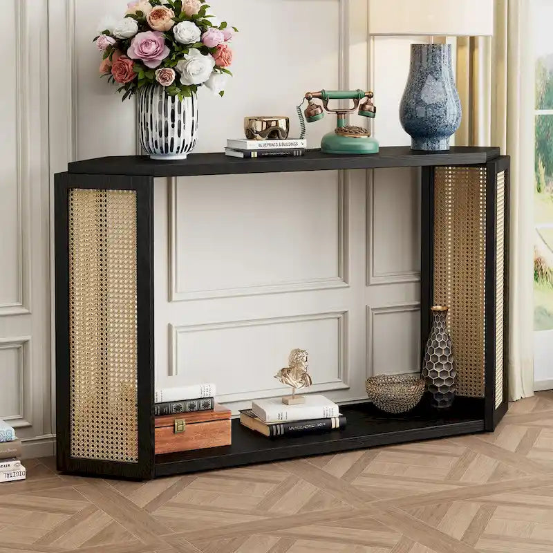 Consolle a forma di freccia Tavolino d'ingresso con ripiano aperto, Tavolino in rattan Tavolino d'accento per soggiorno corridoio