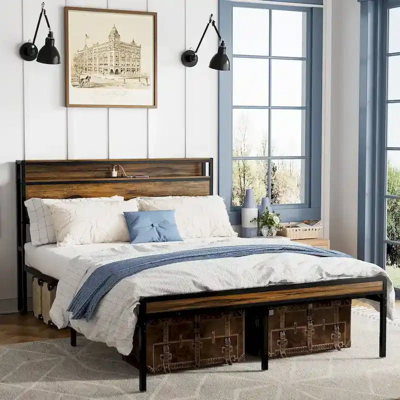Letto matrimoniale Queen Size con piattaforma, testiera contenitore e luci LED