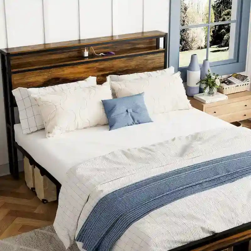 Letto matrimoniale Queen Size con piattaforma, testiera contenitore e luci LED