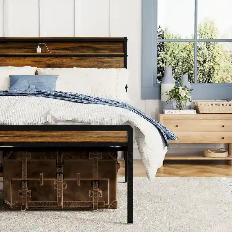 Letto matrimoniale Queen Size con piattaforma, testiera contenitore e luci LED