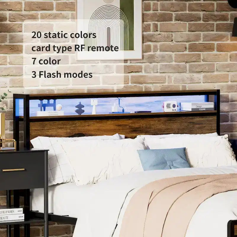 Letto matrimoniale Queen Size con piattaforma, testiera contenitore e luci LED