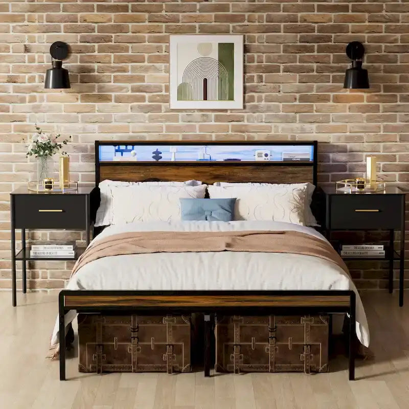 Letto matrimoniale Queen Size con piattaforma, testiera contenitore e luci LED