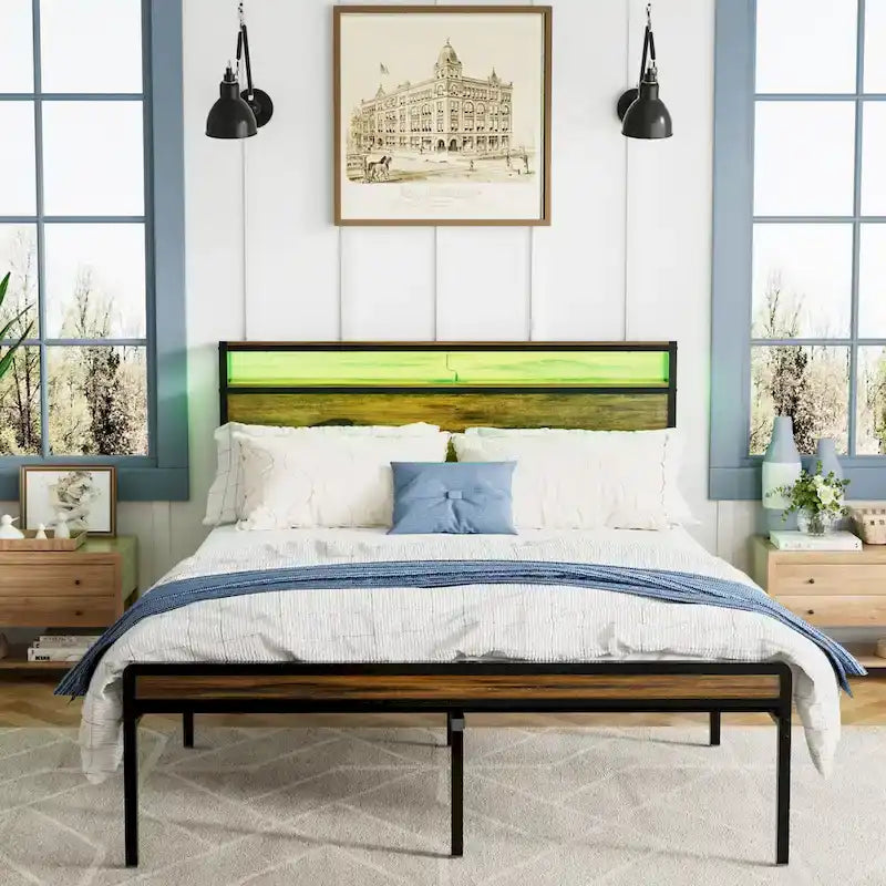Letto matrimoniale Queen Size con piattaforma, testiera contenitore e luci LED