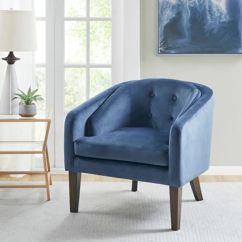 Poltrona imbottita blu capitonné in stile Mid-Century