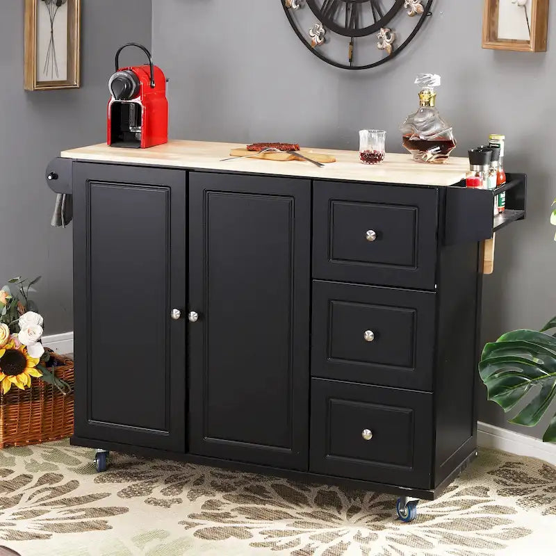 Carrello da Cucina con Piano a Scomparsa e Top in Legno di Gomma, Mobiletto Carrello da Cucina su Ruote