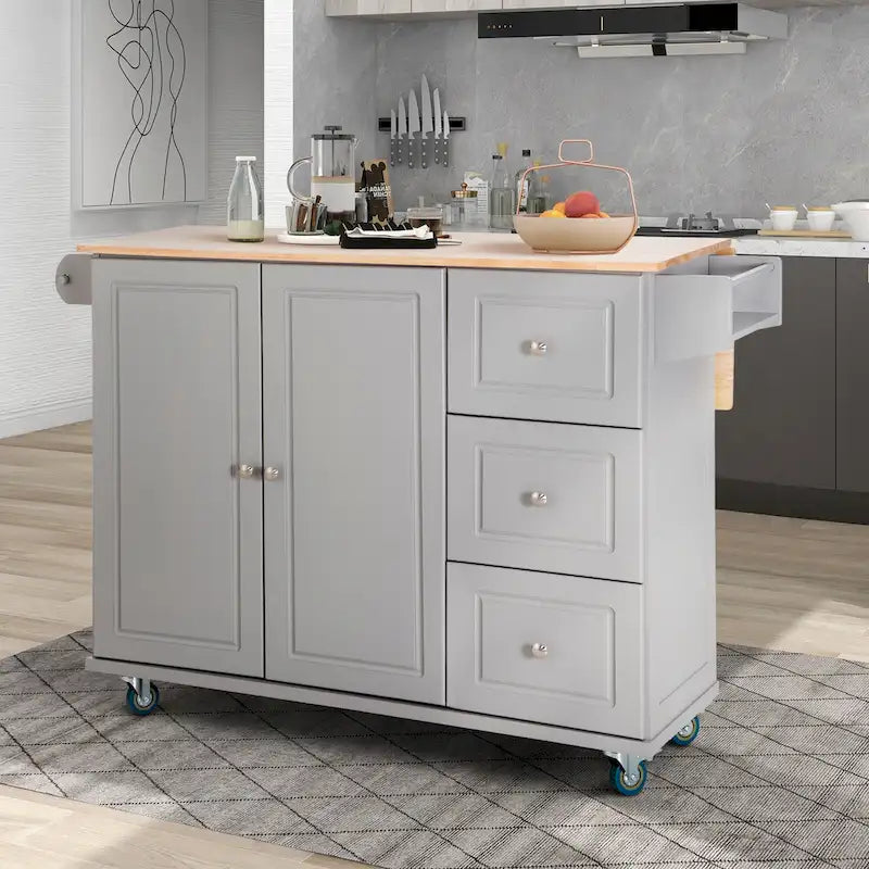 Carrello da Cucina con Piano a Scomparsa e Top in Legno di Gomma, Mobiletto Carrello da Cucina su Ruote