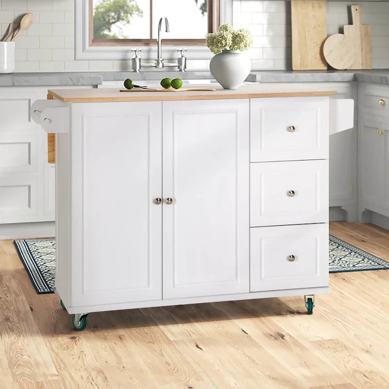 Carrello da Cucina con Piano a Scomparsa e Top in Legno di Gomma, Mobiletto Carrello da Cucina su Ruote