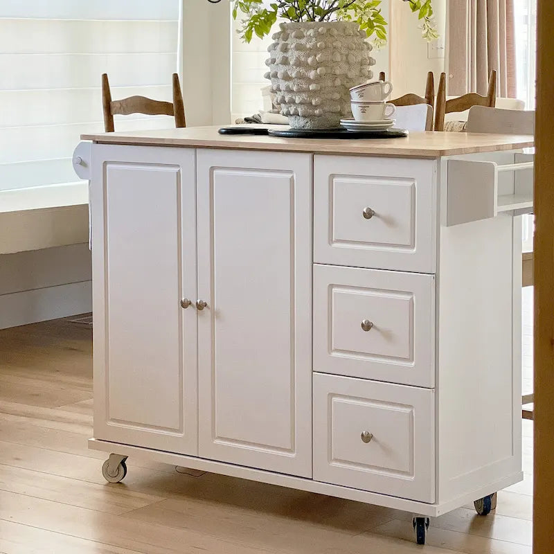 Carrello da Cucina con Piano a Scomparsa e Top in Legno di Gomma, Mobiletto Carrello da Cucina su Ruote