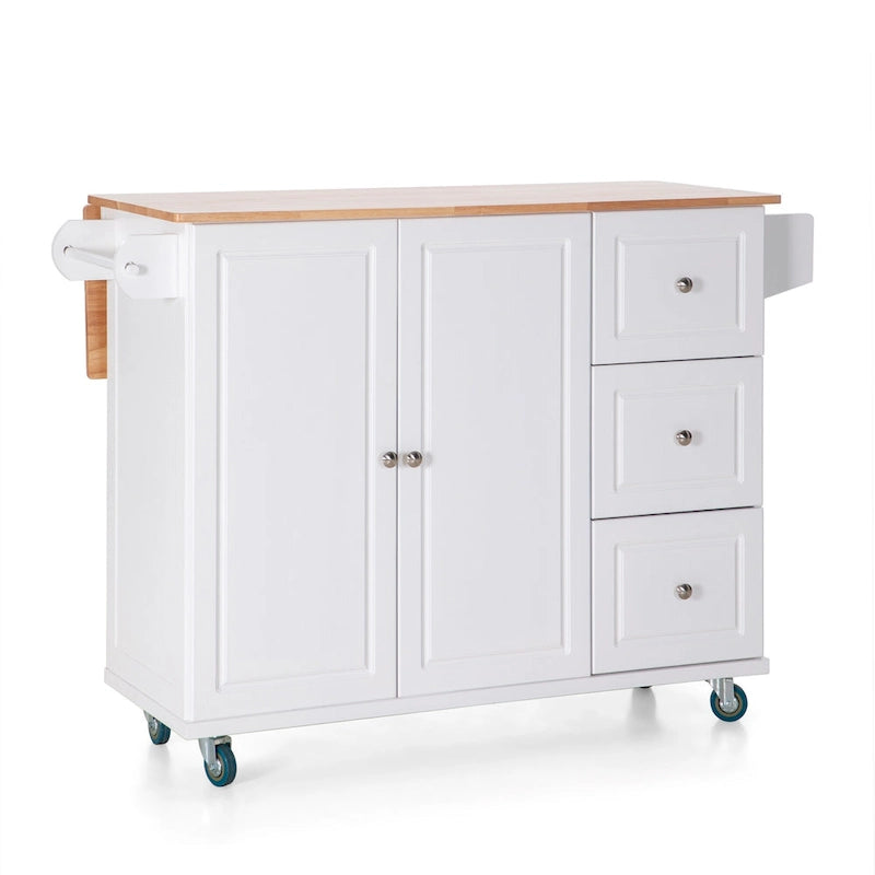 Carrello da Cucina con Piano a Scomparsa e Top in Legno di Gomma, Mobiletto Carrello da Cucina su Ruote
