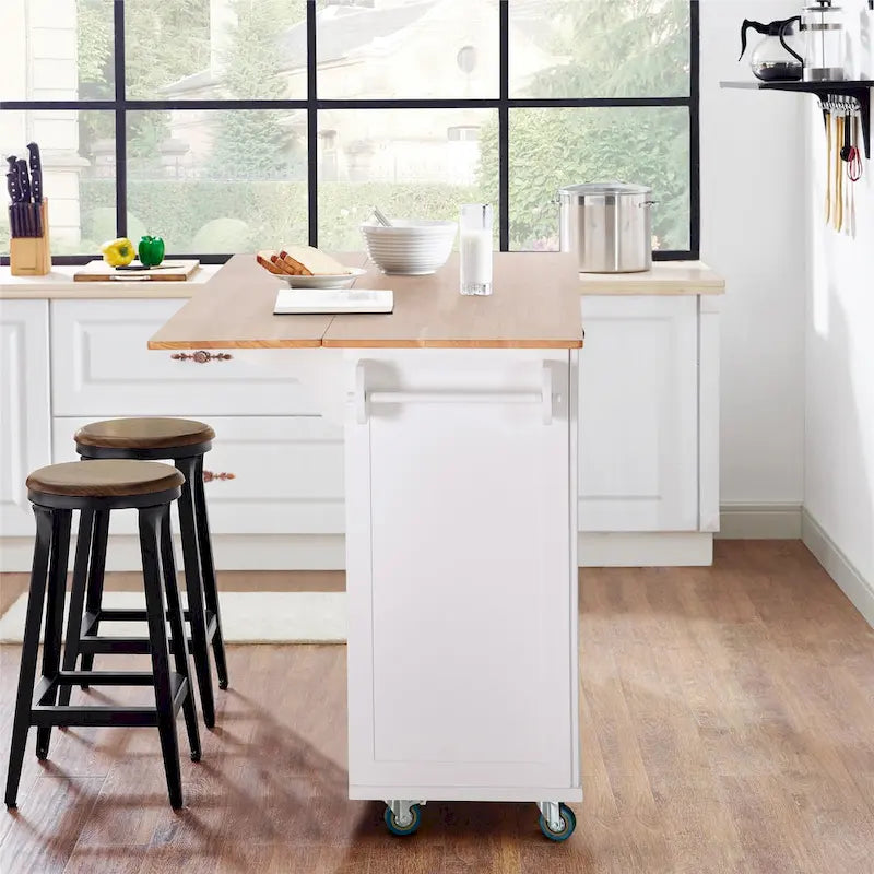 Carrello da Cucina con Piano a Scomparsa e Top in Legno di Gomma, Mobiletto Carrello da Cucina su Ruote