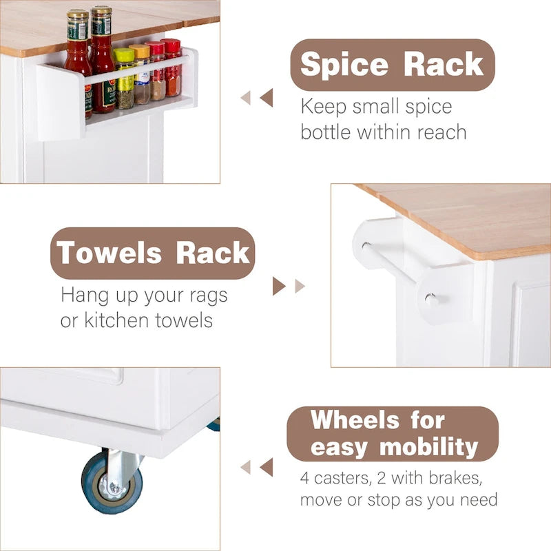 Carrello da Cucina con Piano a Scomparsa e Top in Legno di Gomma, Mobiletto Carrello da Cucina su Ruote
