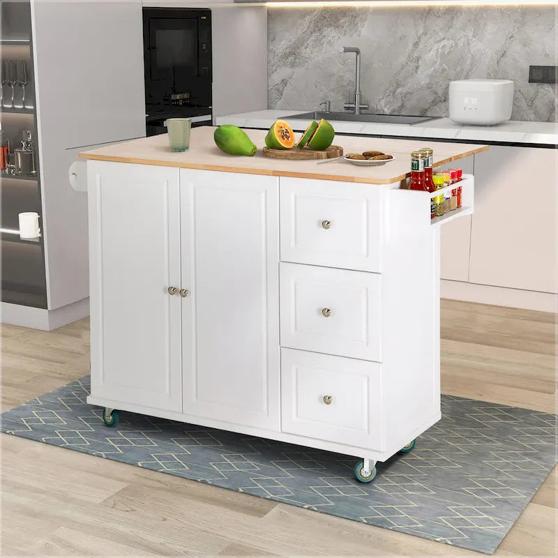 Carrello da Cucina con Piano a Scomparsa e Top in Legno di Gomma, Mobiletto Carrello da Cucina su Ruote