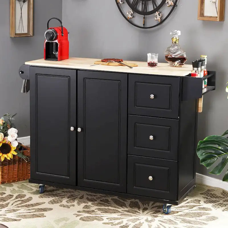 Carrello da Cucina con Piano a Scomparsa e Top in Legno di Gomma, Mobiletto Carrello da Cucina su Ruote