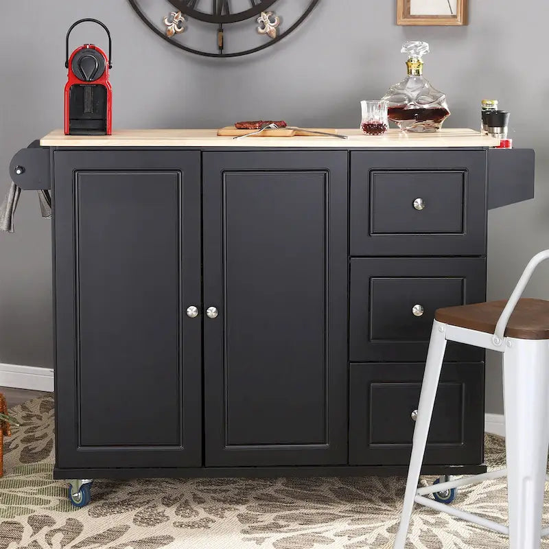 Carrello da Cucina con Piano a Scomparsa e Top in Legno di Gomma, Mobiletto Carrello da Cucina su Ruote
