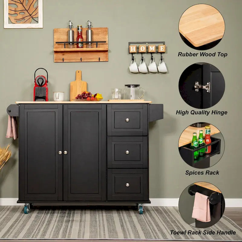 Carrello da Cucina con Piano a Scomparsa e Top in Legno di Gomma, Mobiletto Carrello da Cucina su Ruote