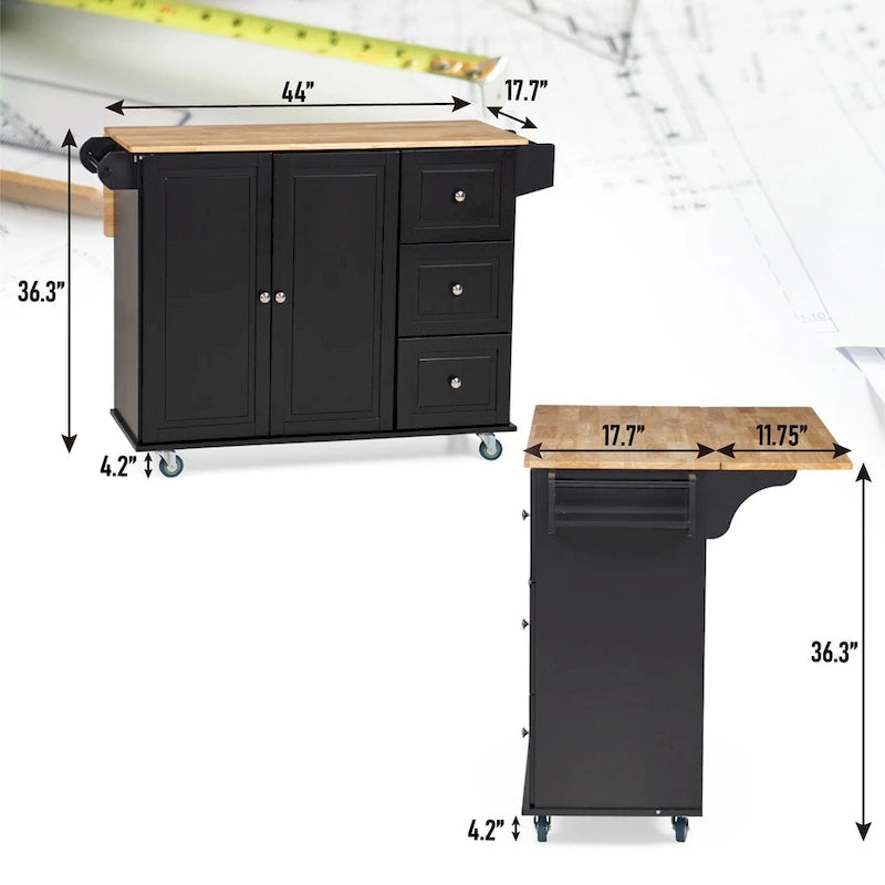 Carrello da Cucina con Piano a Scomparsa e Top in Legno di Gomma, Mobiletto Carrello da Cucina su Ruote