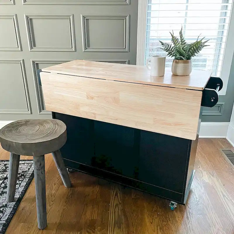 Carrello da Cucina con Piano a Scomparsa e Top in Legno di Gomma, Mobiletto Carrello da Cucina su Ruote