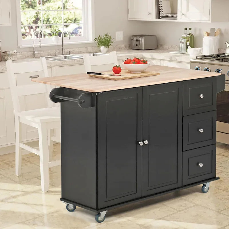 Carrello da Cucina con Piano a Scomparsa e Top in Legno di Gomma, Mobiletto Carrello da Cucina su Ruote