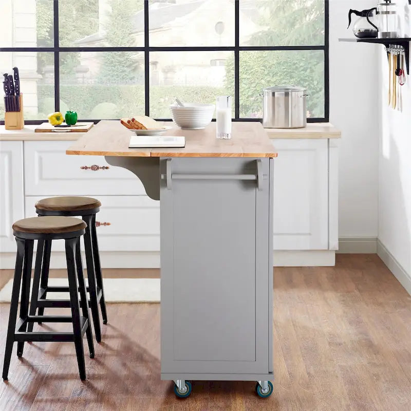Carrello da Cucina con Piano a Scomparsa e Top in Legno di Gomma, Mobiletto Carrello da Cucina su Ruote