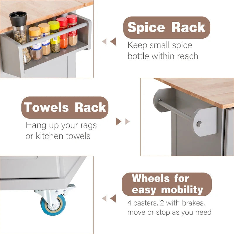 Carrello da Cucina con Piano a Scomparsa e Top in Legno di Gomma, Mobiletto Carrello da Cucina su Ruote