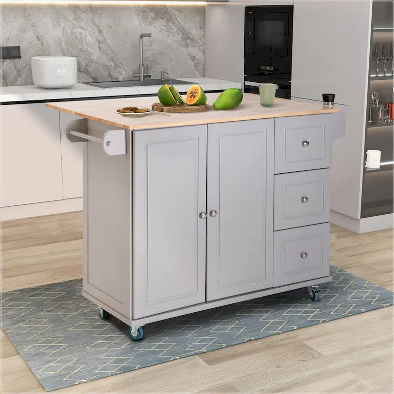Carrello da Cucina con Piano a Scomparsa e Top in Legno di Gomma, Mobiletto Carrello da Cucina su Ruote