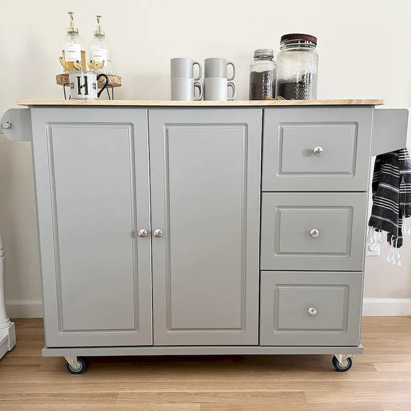 Carrello da Cucina con Piano a Scomparsa e Top in Legno di Gomma, Mobiletto Carrello da Cucina su Ruote