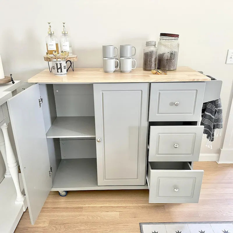 Carrello da Cucina con Piano a Scomparsa e Top in Legno di Gomma, Mobiletto Carrello da Cucina su Ruote