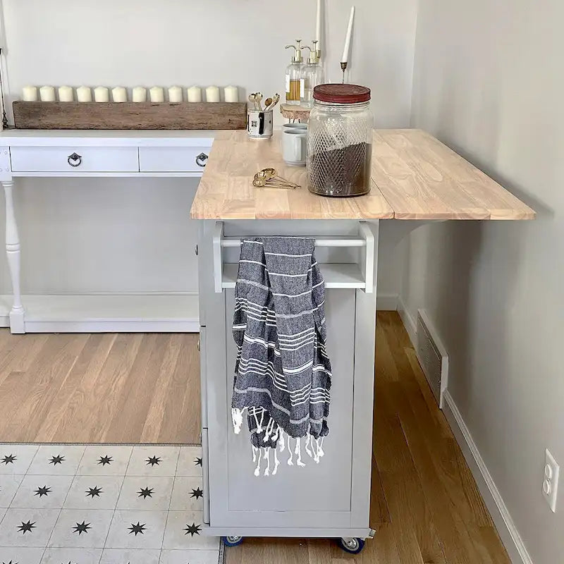 Carrello da Cucina con Piano a Scomparsa e Top in Legno di Gomma, Mobiletto Carrello da Cucina su Ruote