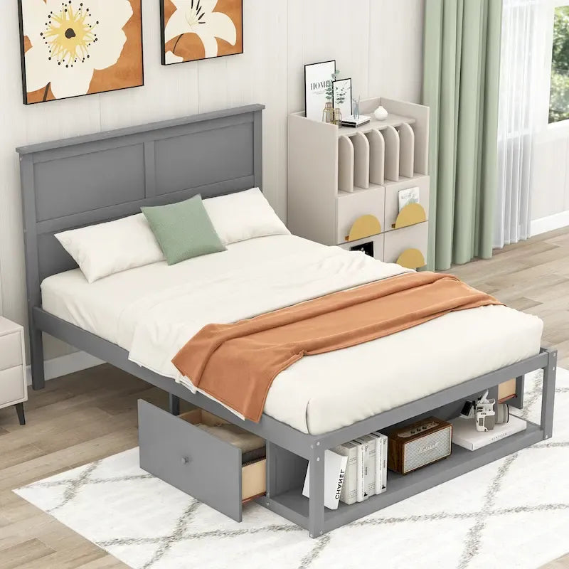 Letto a piattaforma a una piazza e mezza con cassetto su ciascun lato e mensola all'estremità del letto