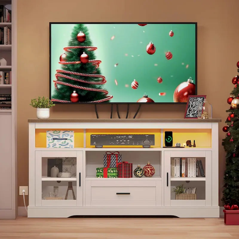 Mobile TV a colonna con LED in stile rustico, per TV fino a 65 pollici, con ante in acrilico