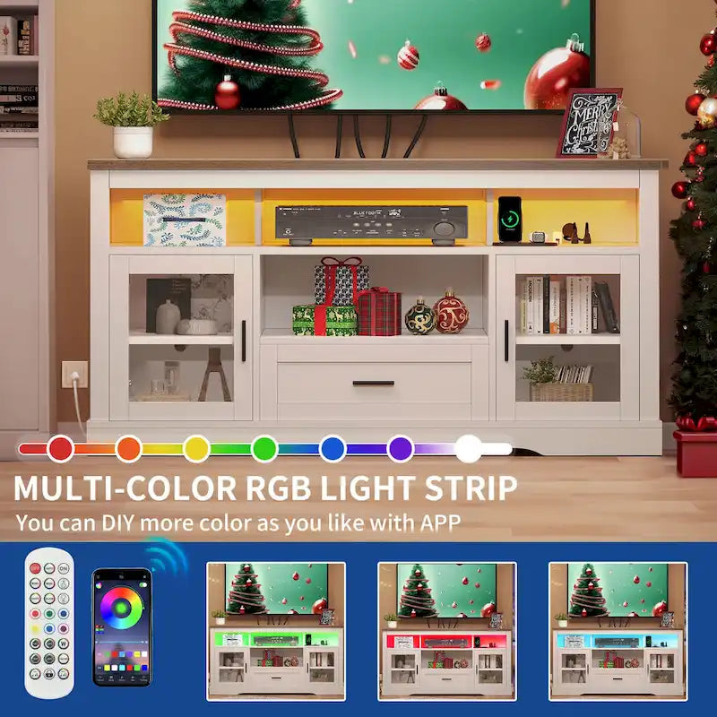 Mobile TV a colonna con LED in stile rustico, per TV fino a 65 pollici, con ante in acrilico
