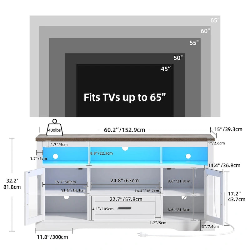 Mobile TV a colonna con LED in stile rustico, per TV fino a 65 pollici, con ante in acrilico