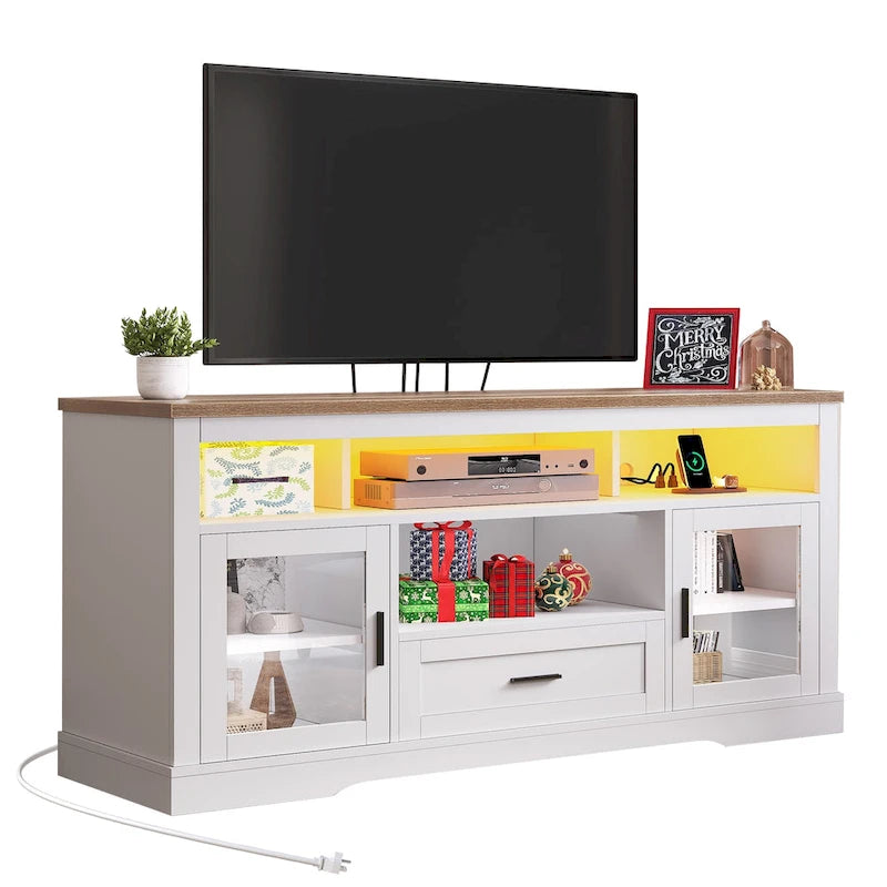 Mobile TV a colonna con LED in stile rustico, per TV fino a 65 pollici, con ante in acrilico