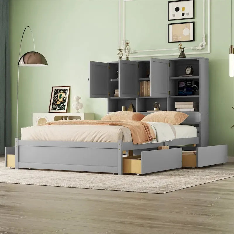 Letto a piattaforma Queen Size con testiera contenitore e 4 cassetti