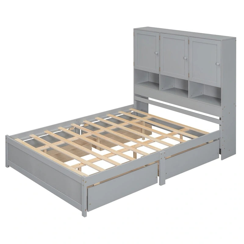 Letto a piattaforma Queen Size con testiera contenitore e 4 cassetti