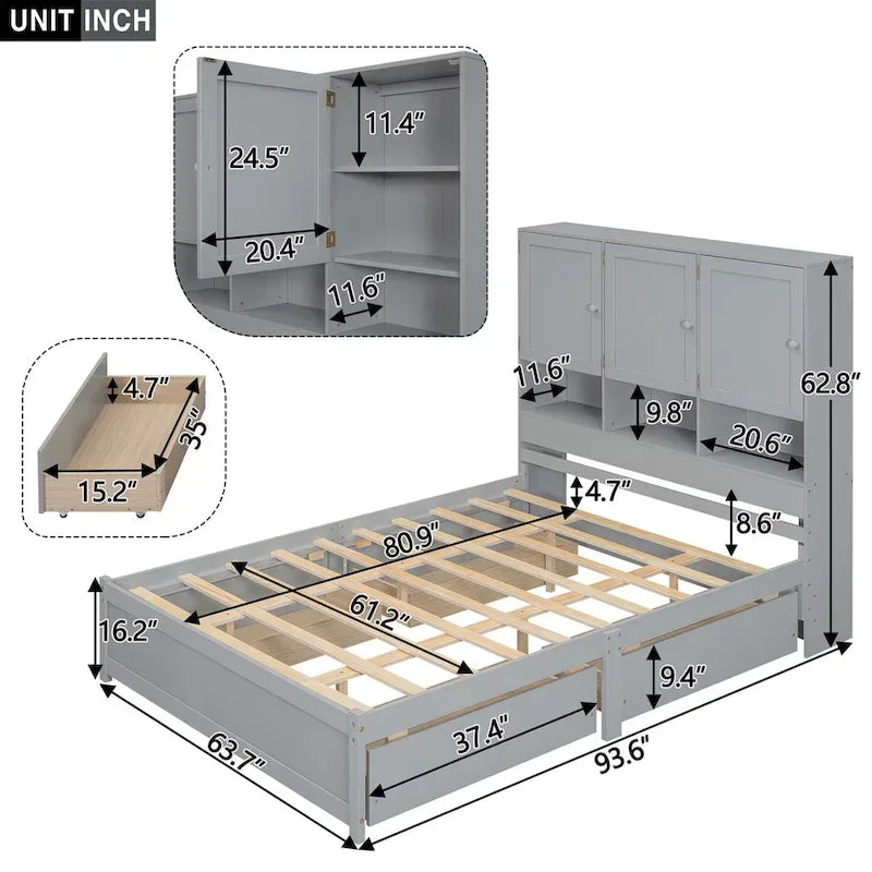 Letto a piattaforma Queen Size con testiera contenitore e 4 cassetti