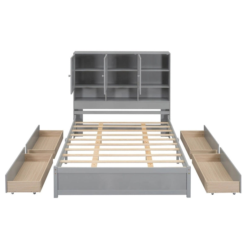 Letto a piattaforma Queen Size con testiera contenitore e 4 cassetti