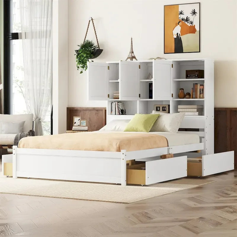 Letto a piattaforma Queen Size con testiera contenitore e 4 cassetti