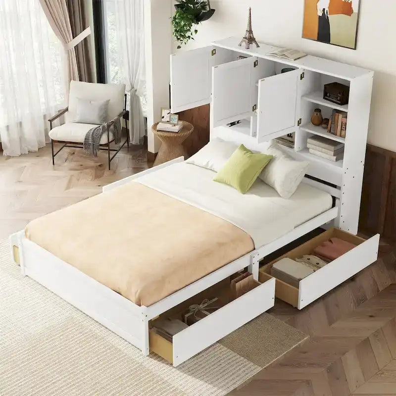 Letto a piattaforma Queen Size con testiera contenitore e 4 cassetti
