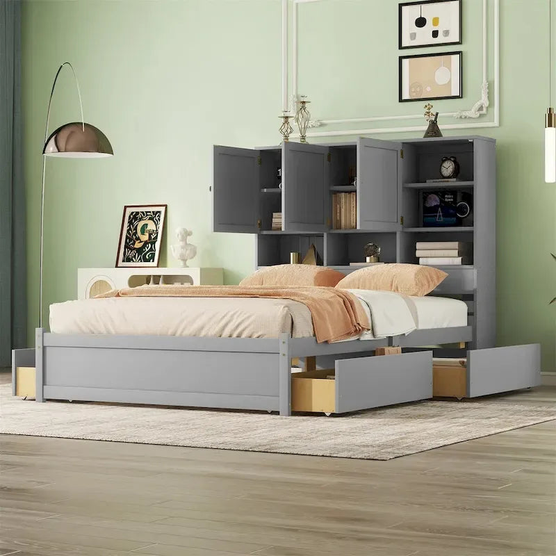 Letto a piattaforma Queen Size con testiera contenitore e 4 cassetti