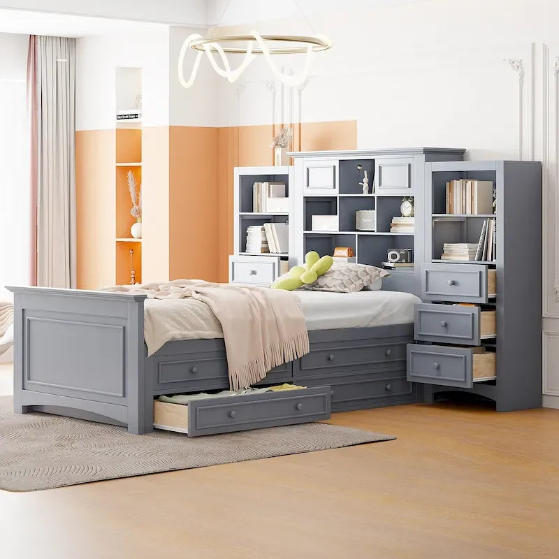 Struttura letto a piattaforma in legno matrimoniale con armadio verticale all-in-one e 4 cassetti su ogni lato