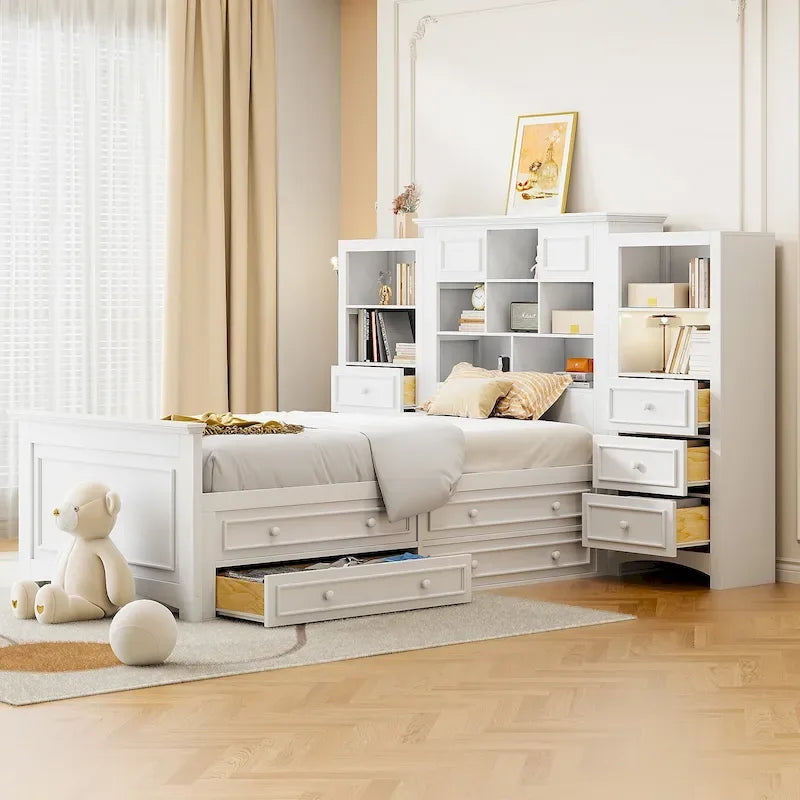 Struttura letto a piattaforma in legno matrimoniale con armadio verticale all-in-one e 4 cassetti su ogni lato