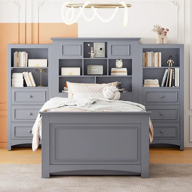 Struttura letto a piattaforma in legno matrimoniale con armadio verticale all-in-one e 4 cassetti su ogni lato