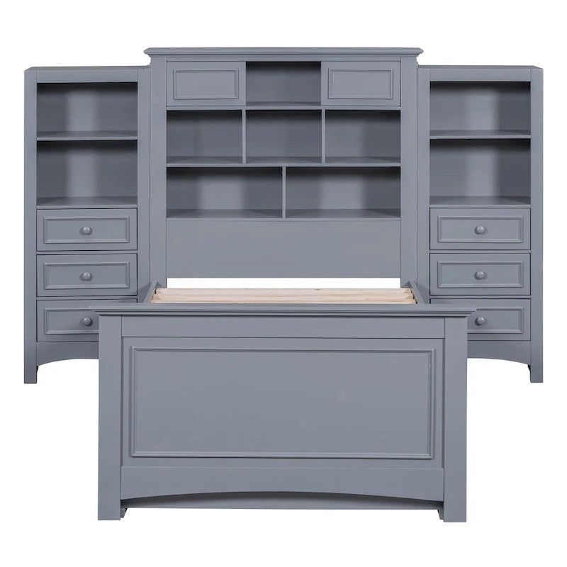 Struttura letto a piattaforma in legno matrimoniale con armadio verticale all-in-one e 4 cassetti su ogni lato