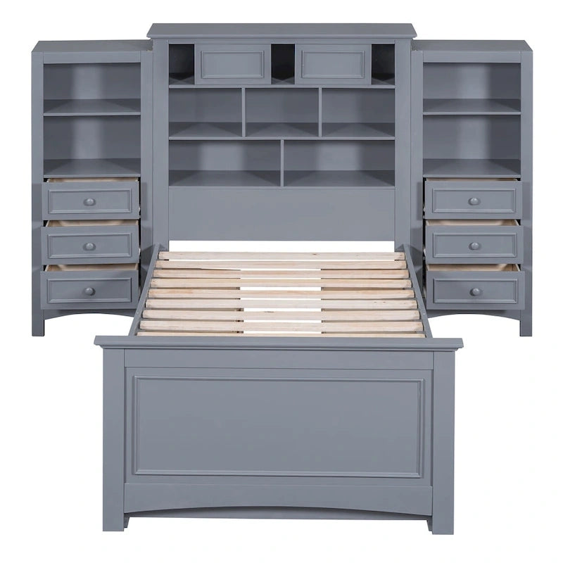 Struttura letto a piattaforma in legno matrimoniale con armadio verticale all-in-one e 4 cassetti su ogni lato