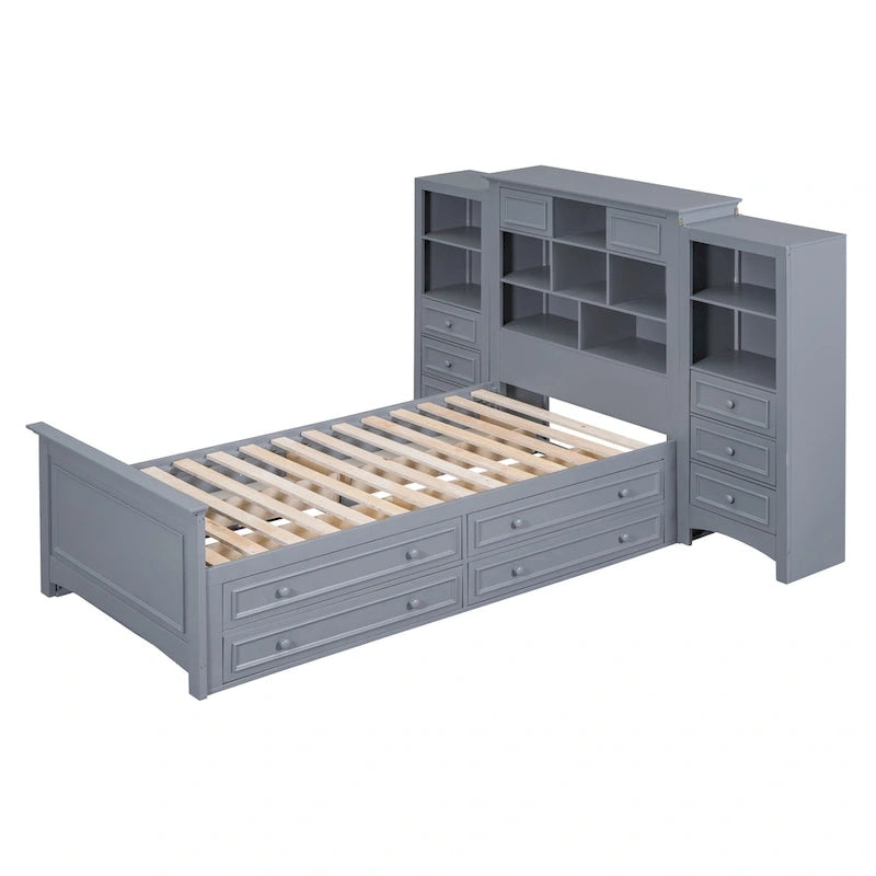 Struttura letto a piattaforma in legno matrimoniale con armadio verticale all-in-one e 4 cassetti su ogni lato