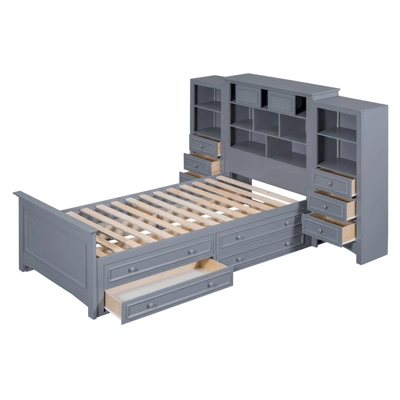 Struttura letto a piattaforma in legno matrimoniale con armadio verticale all-in-one e 4 cassetti su ogni lato