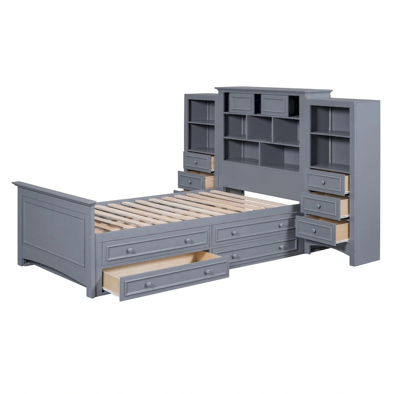 Struttura letto a piattaforma in legno matrimoniale con armadio verticale all-in-one e 4 cassetti su ogni lato